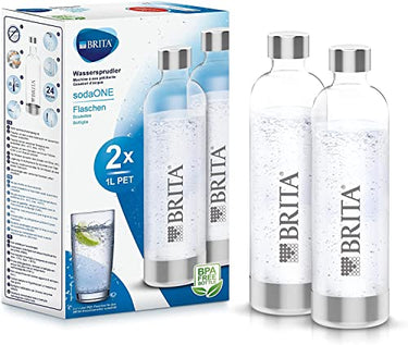 BRITA Flaschen 2er-Pack für Wassersprudler sodaONE | 2X 1 Liter Ersatzflaschen | Leichte, BPA-freie PET-Flasche im Duo-Pack | Sprudlerflaschen mit Elementen aus poliertem Edelstahl im Sale